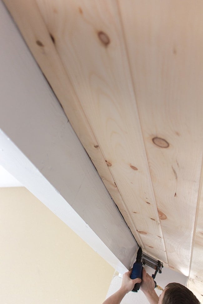 closeup of tongue and groove boards on ceiling