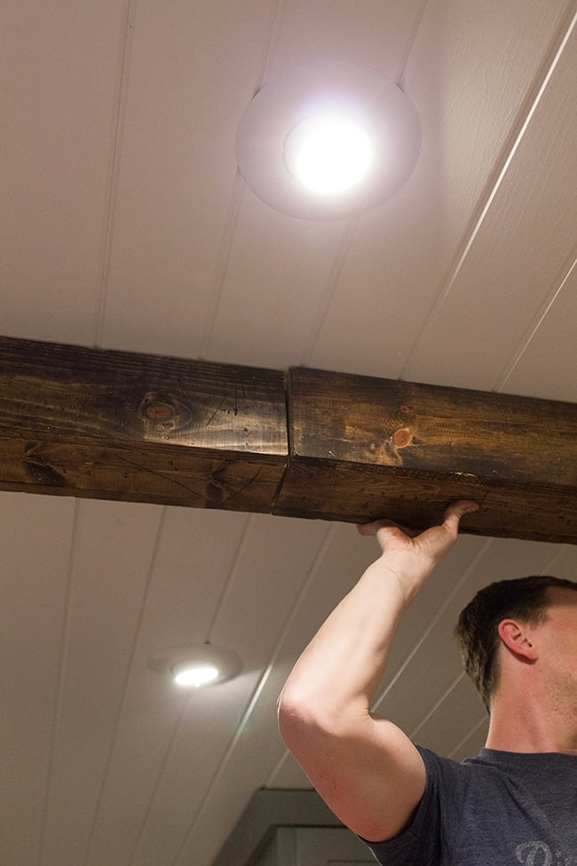 faux wood beam ceiling installation