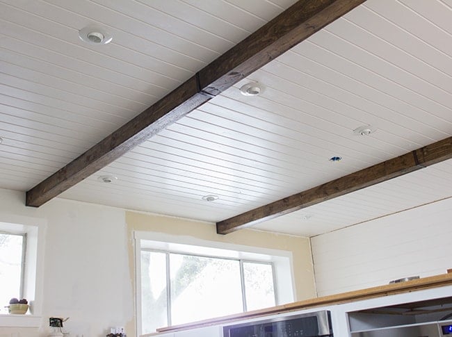 diy wood beam ceiling with white shiplap