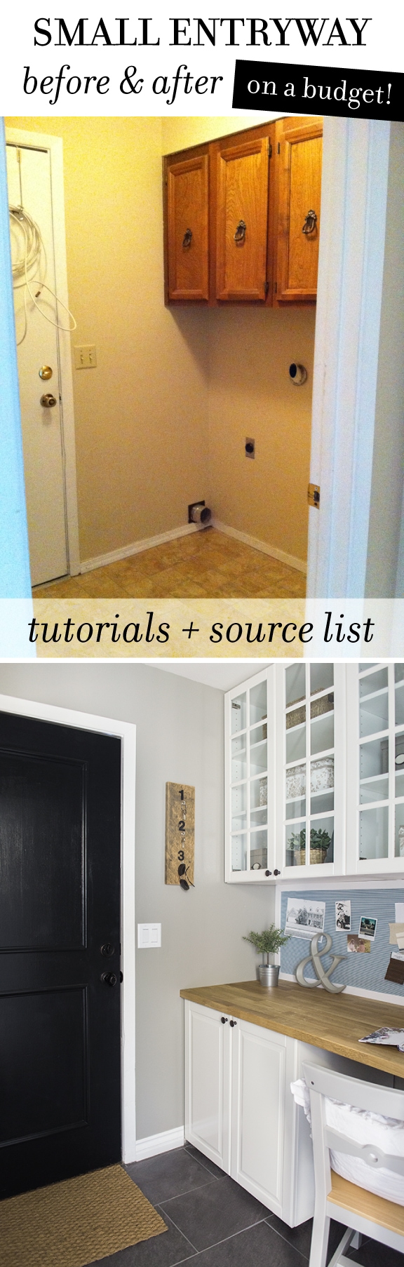 From old, cramped laundry closet to a functional entryway, work and storage space using DIY's on a budget! Check out all the after photos and links to sources...