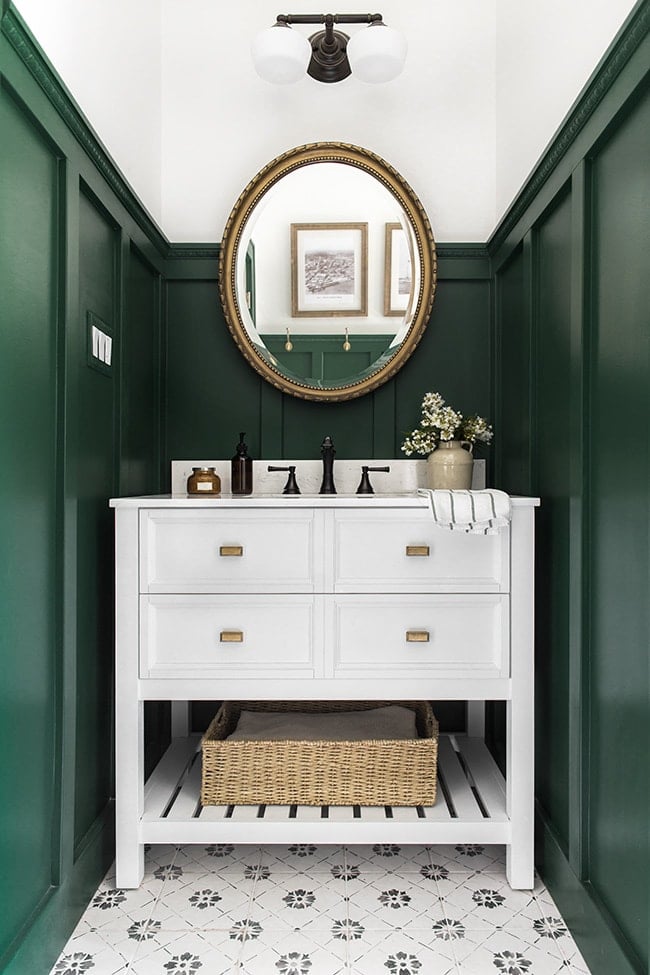 riverside retreat bathroom with green board and batten walls