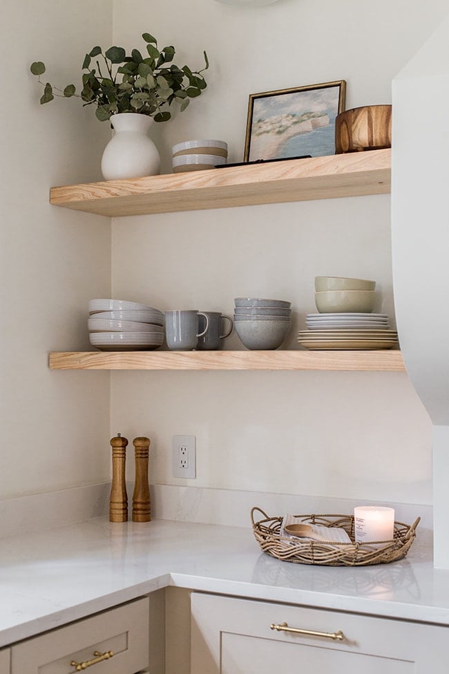 Styling Open Shelves for Organization in a Small Kitchen - Deb and