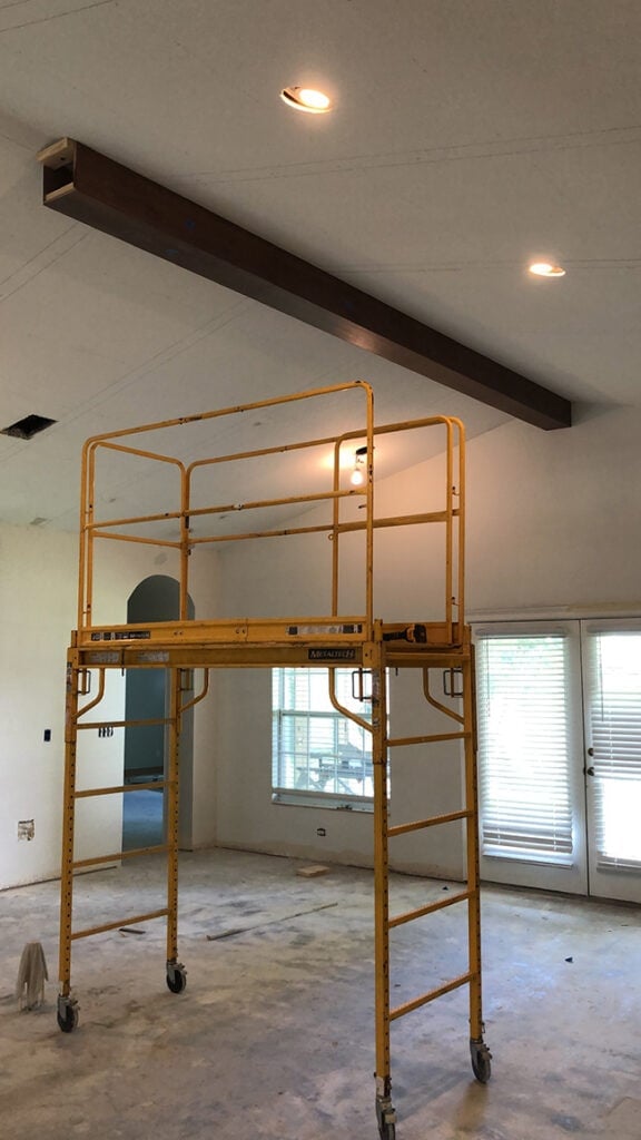 diy wood beam on a vaulted ceiling