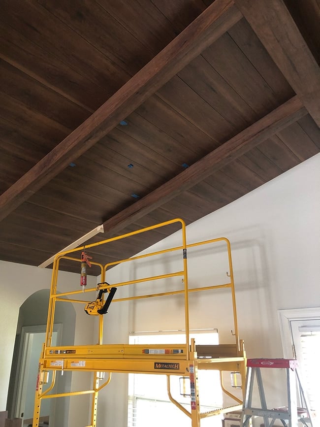 diy wood beam and plank ceiling tutorial using laminate floors