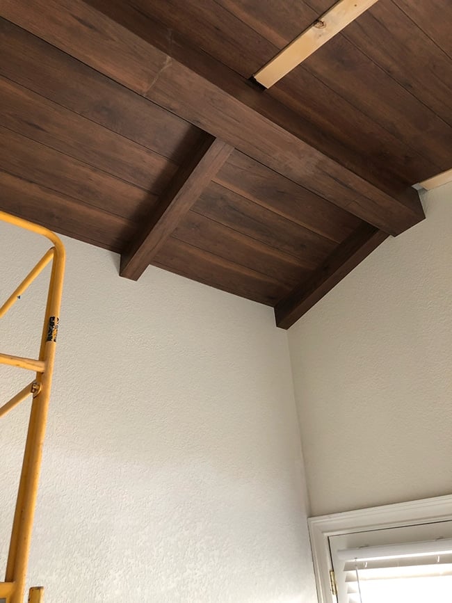 wood beam and plank ceiling tutorial using laminate 