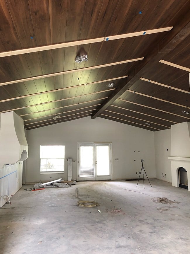 dark laminate wood beam and vaulted plank ceiling tutorial