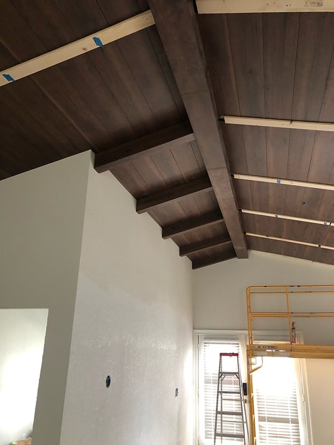 wood beam and plank ceiling tutorial using laminate floors