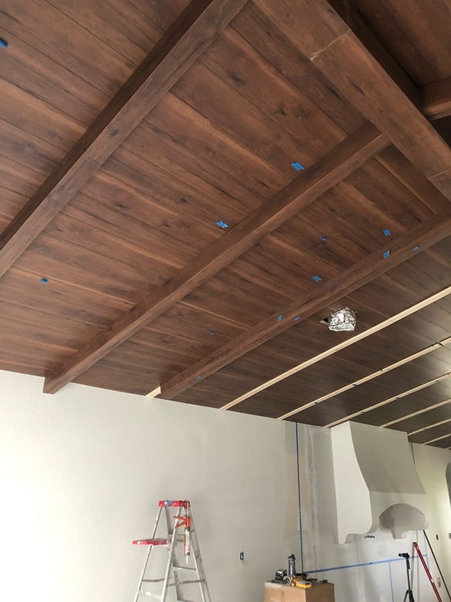 wood beam and plank vaulted ceiling tutorial using laminate floors