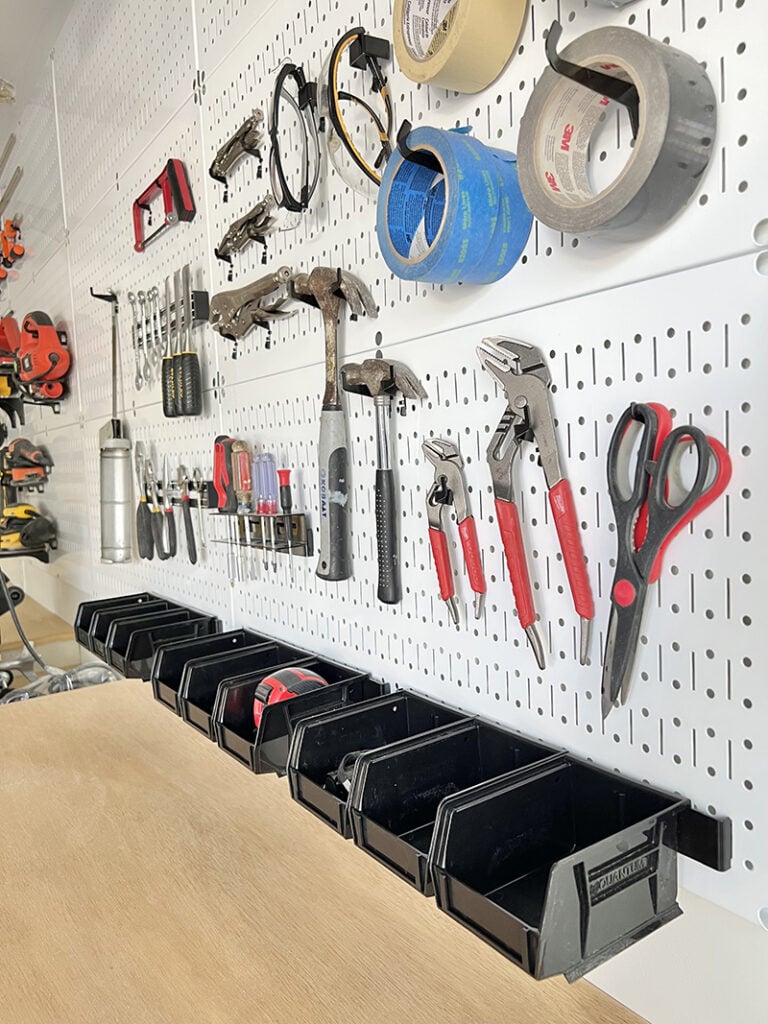 white metal pegboard for garage