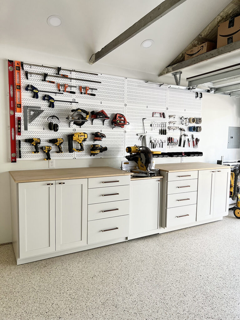 diy garage storage cabinets with white pegboard