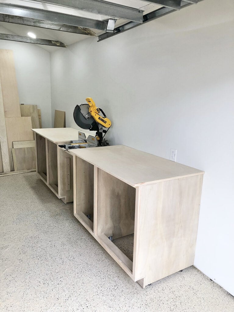 diy garage storage cabinets with miter saw station