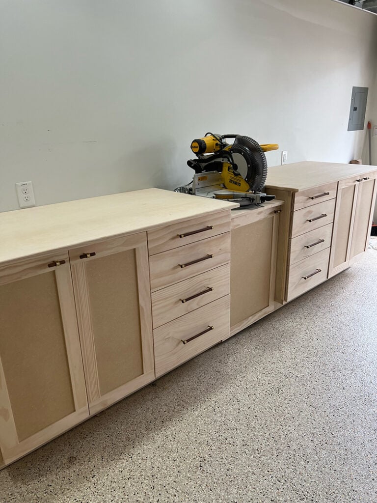 diy garage storage cabinets with miter saw station