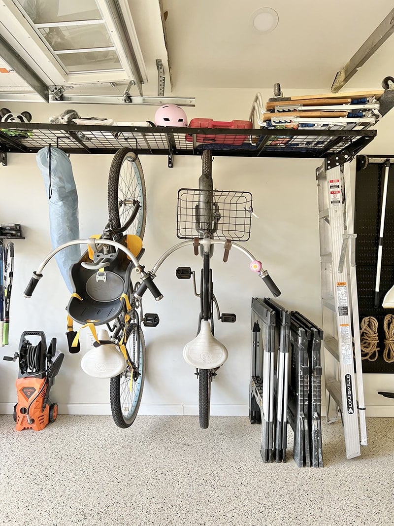 black garage wire shelves with bike storage