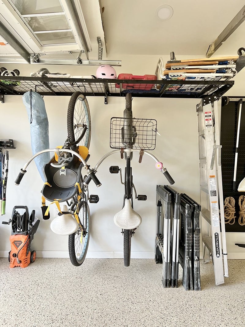 black garage wire shelves with bike storage