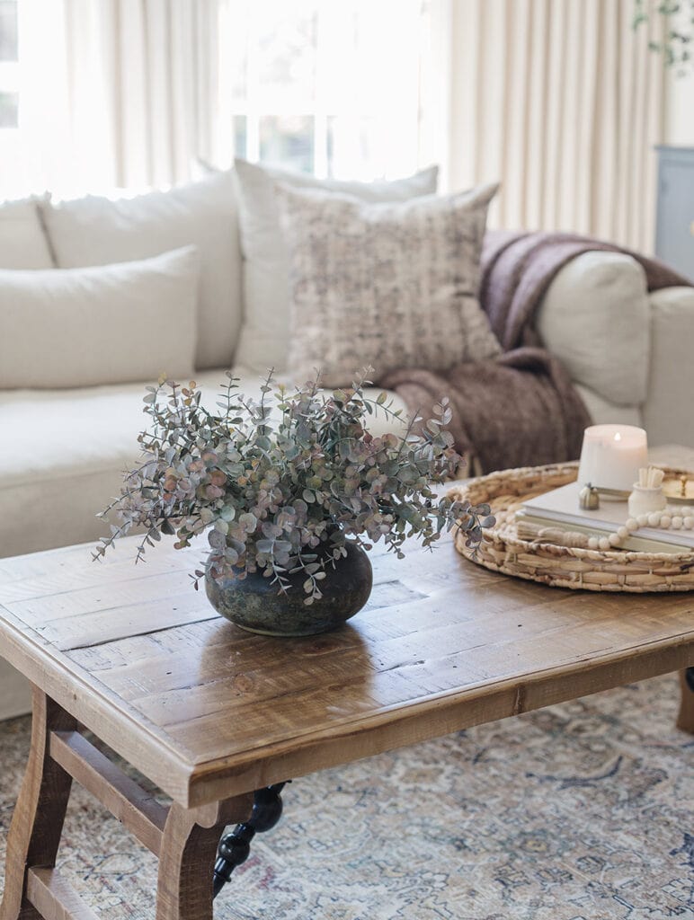 purple eucalyptus stems on coffee table