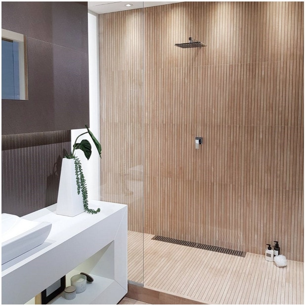 wood look ribbon tile shower