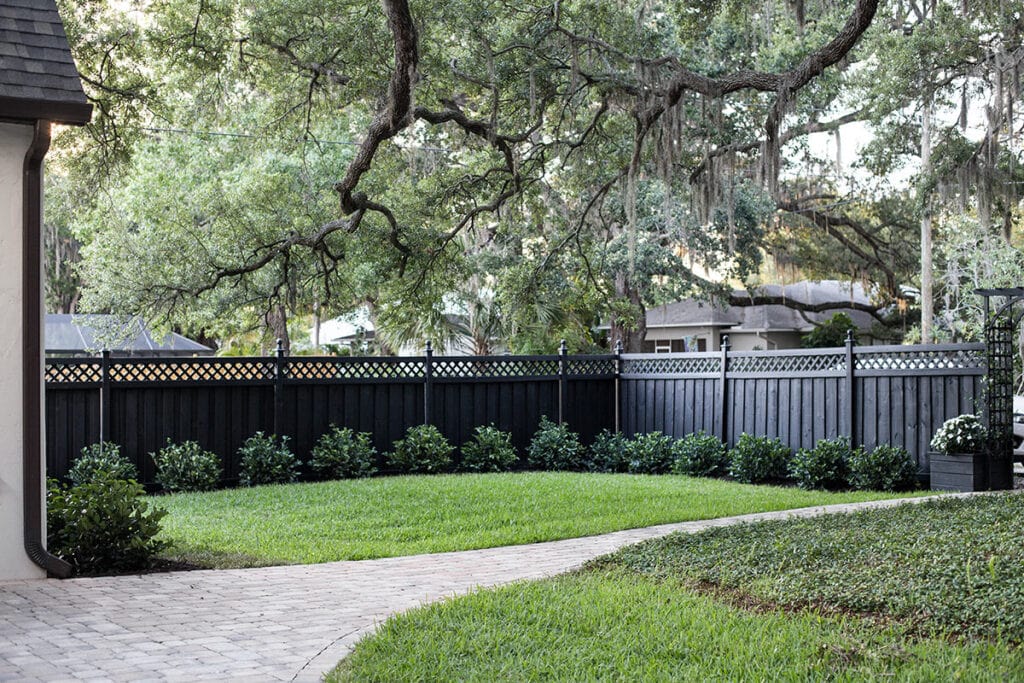 backyard with black fence and viburnum shrubs