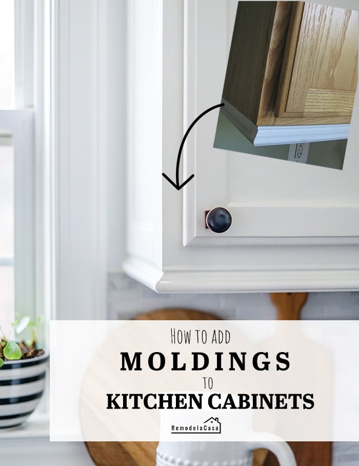 diy molding added to white upper cabinet graphic