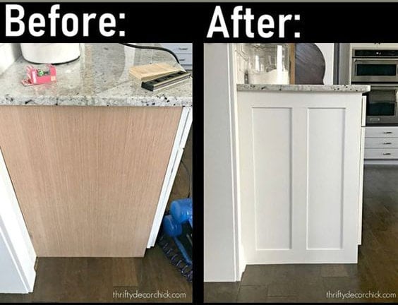 before and after of trim added to end of lower cabinet