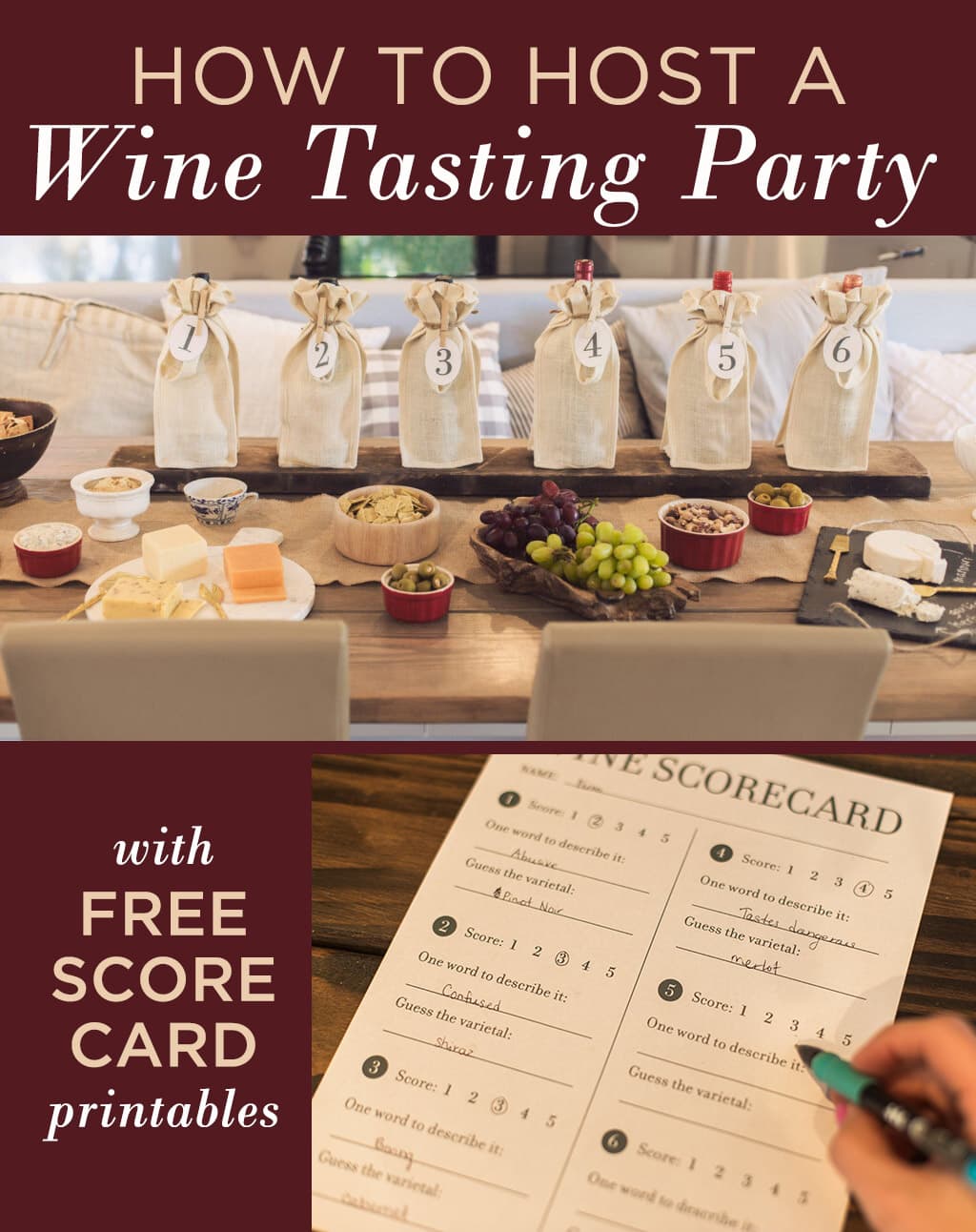 wine tasting party graphic with free printable scorecard text