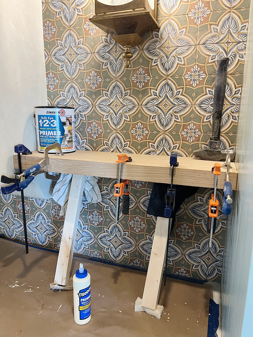 clamping floating shelves in kitchen