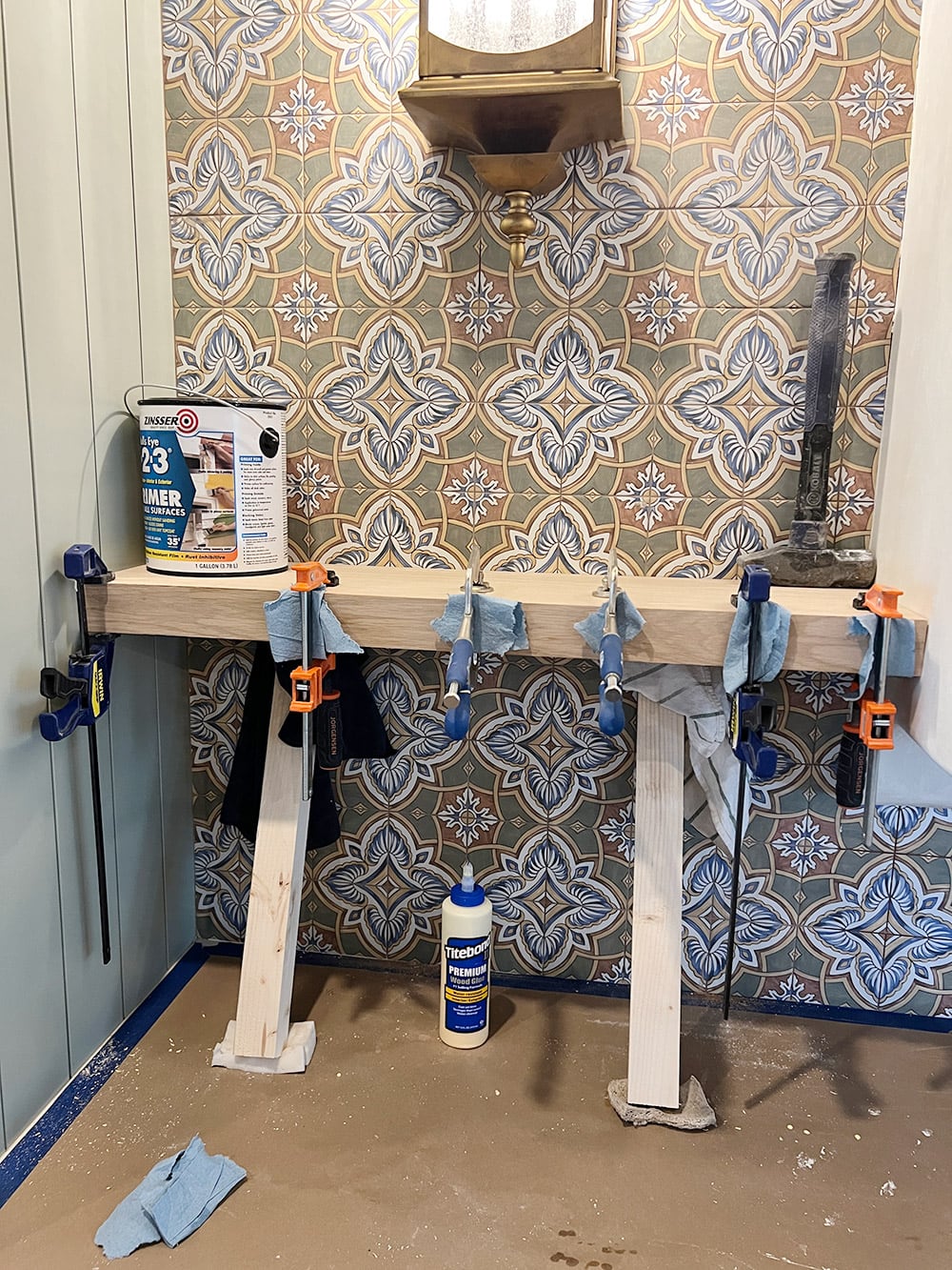 clamping floating shelves in kitchen