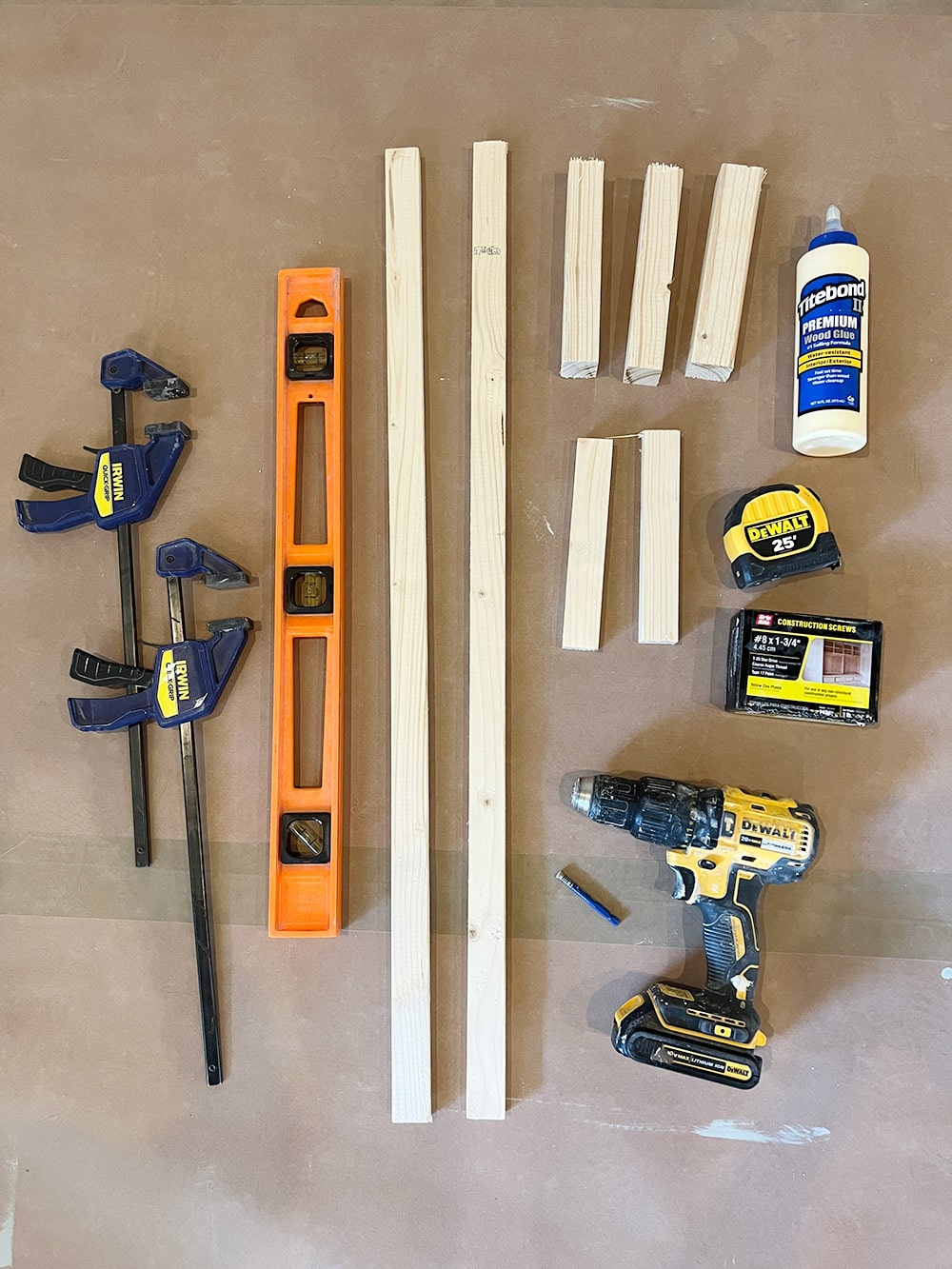 tools and materials to build floating shelves