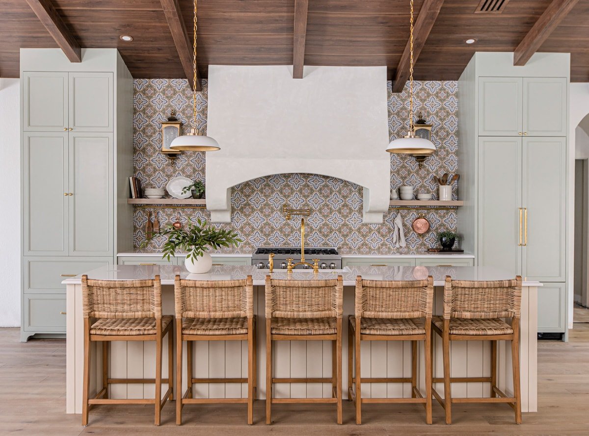 mediterranean kitchen design with green and ivory cabinets
