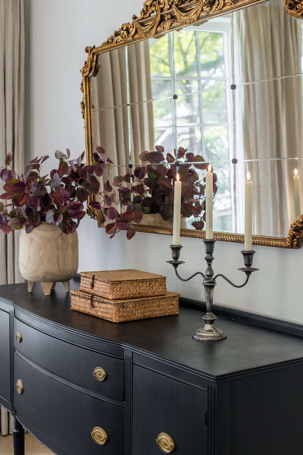 flameless led candles in a candelabra with fall stems and baskets