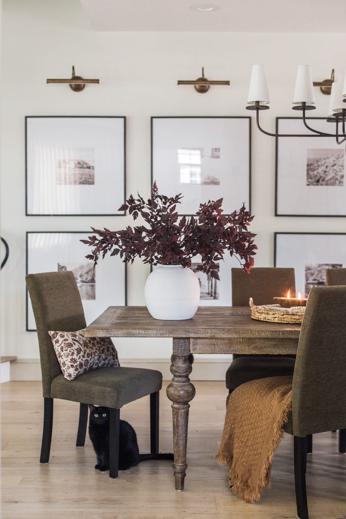 fall dining room decor with plum cimicifuga stems