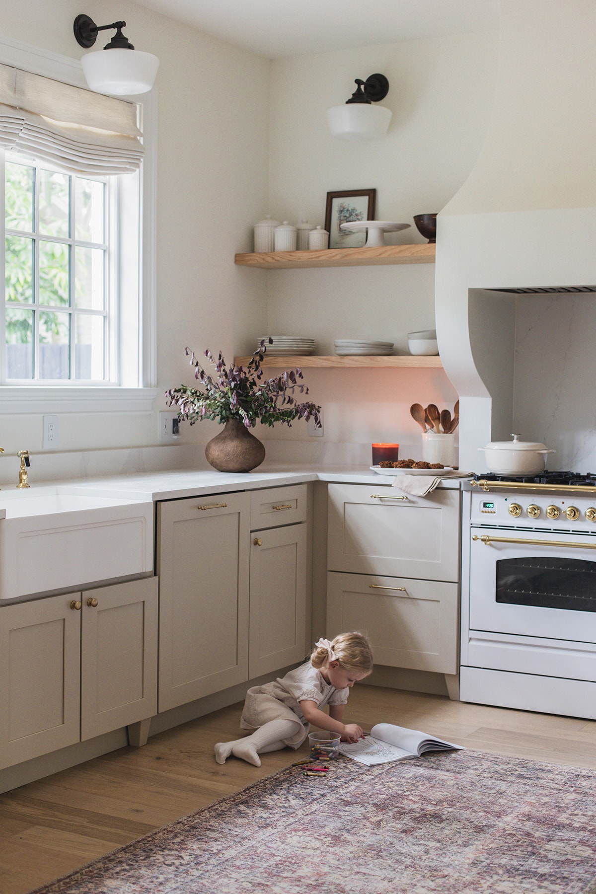 neutral fall kitchen with girl coloring