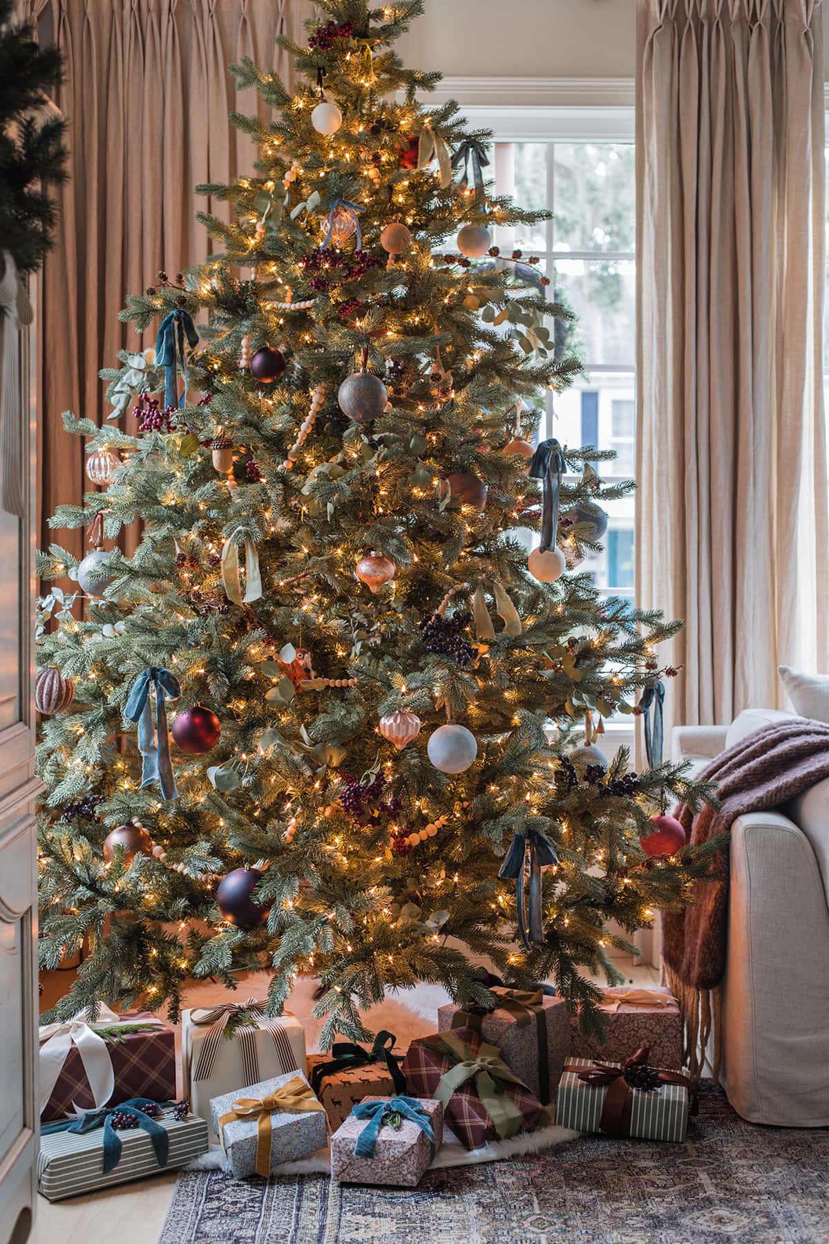 blue, gold and burgundy christmas tree