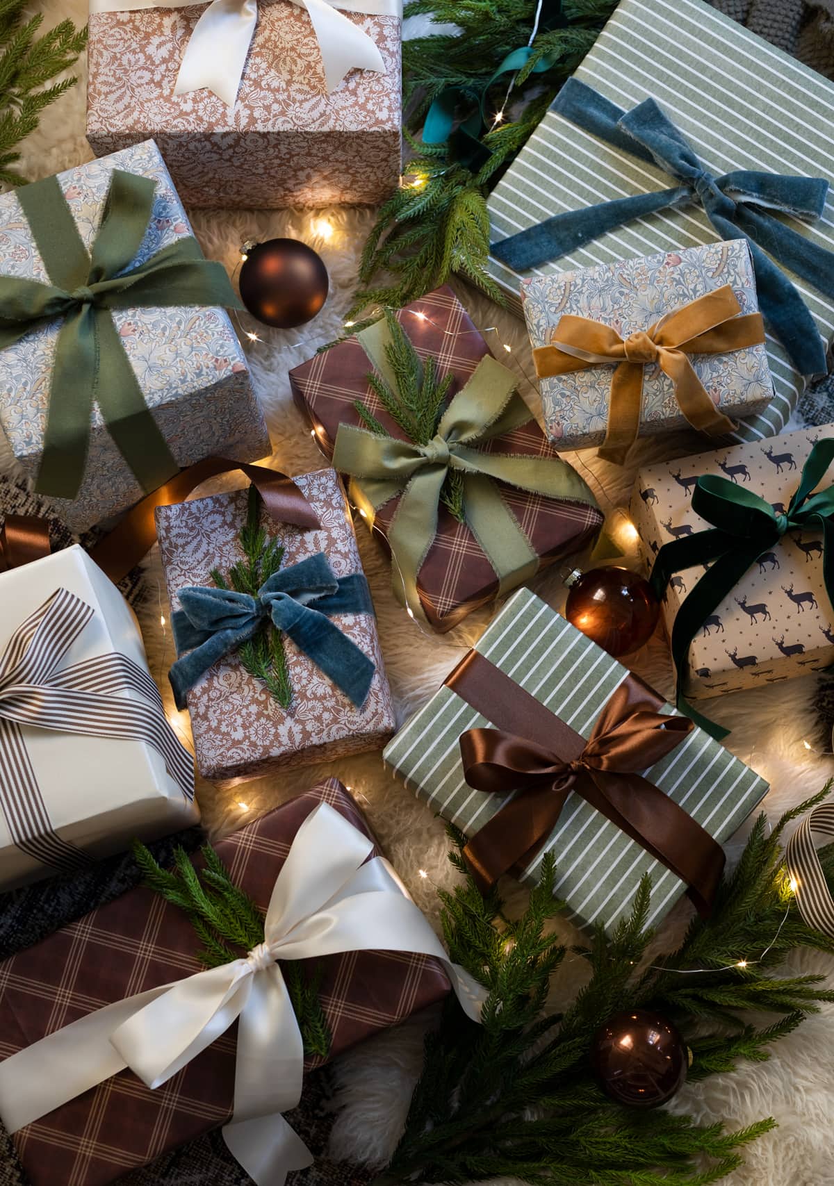 Green, burgundy, brown and blue holiday gift wrap inspiration