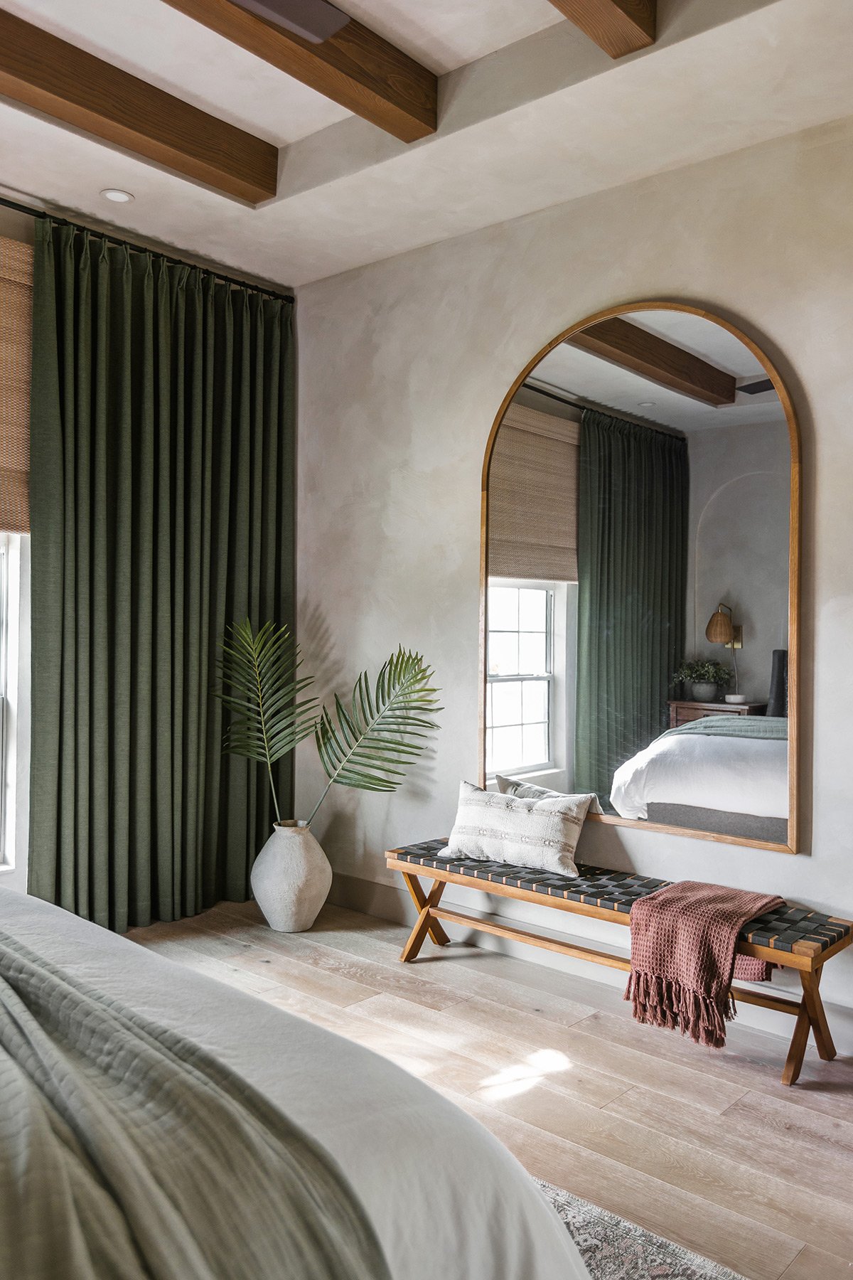 bedroom design with taupe lime wash walls