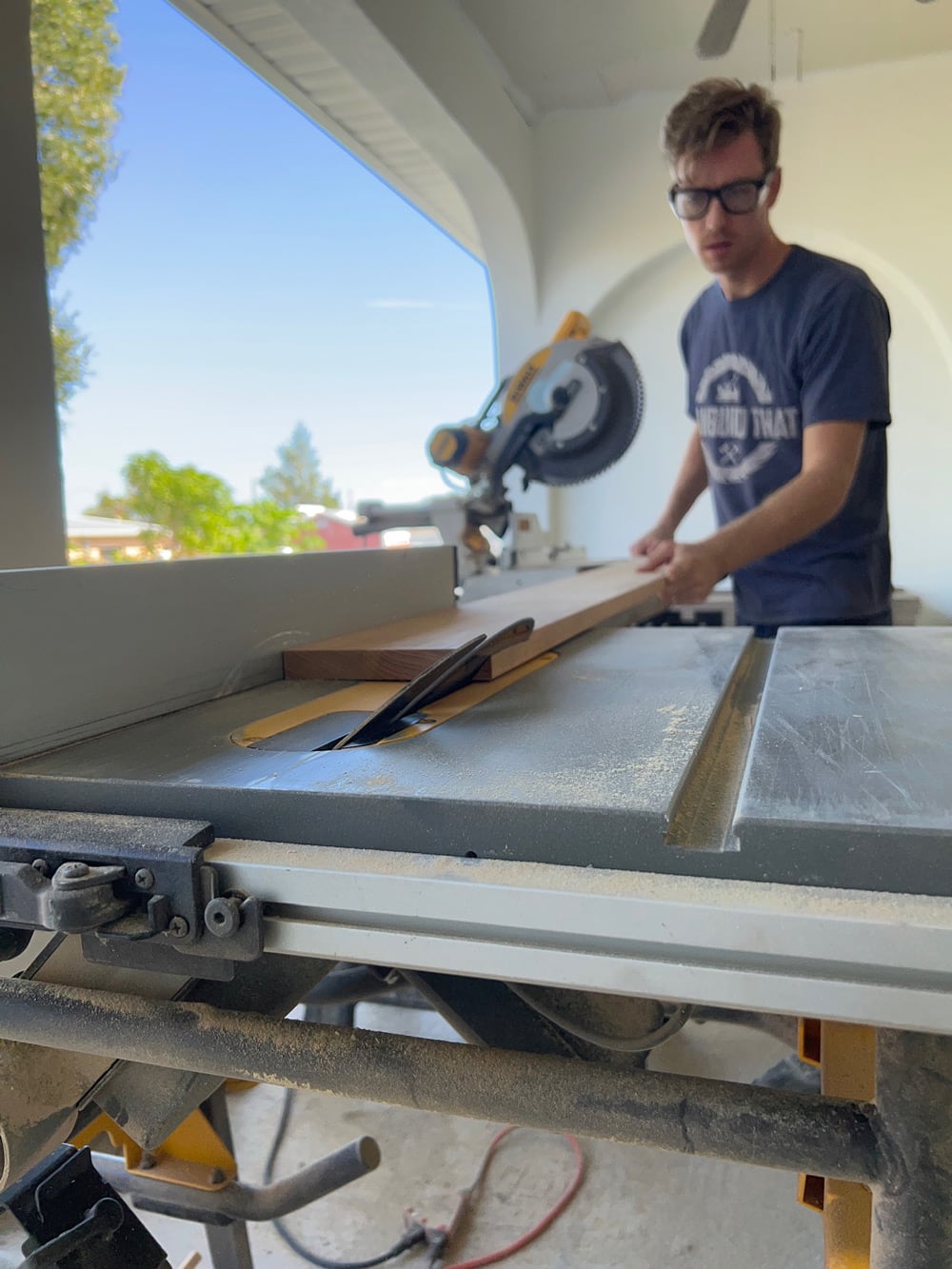 ripping down a board at a 45 angle using a table saw