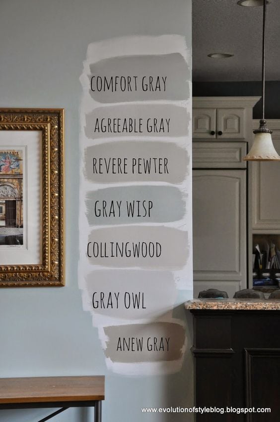 gray and greige paint color comparison on wall