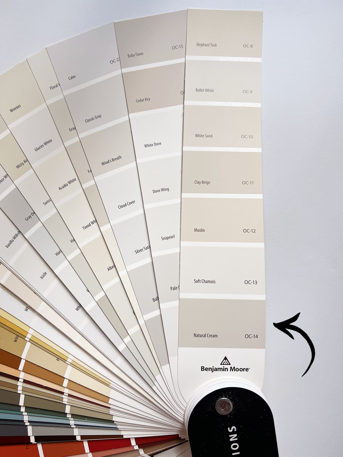 Benjamin moore natural cream swatch on a fan deck