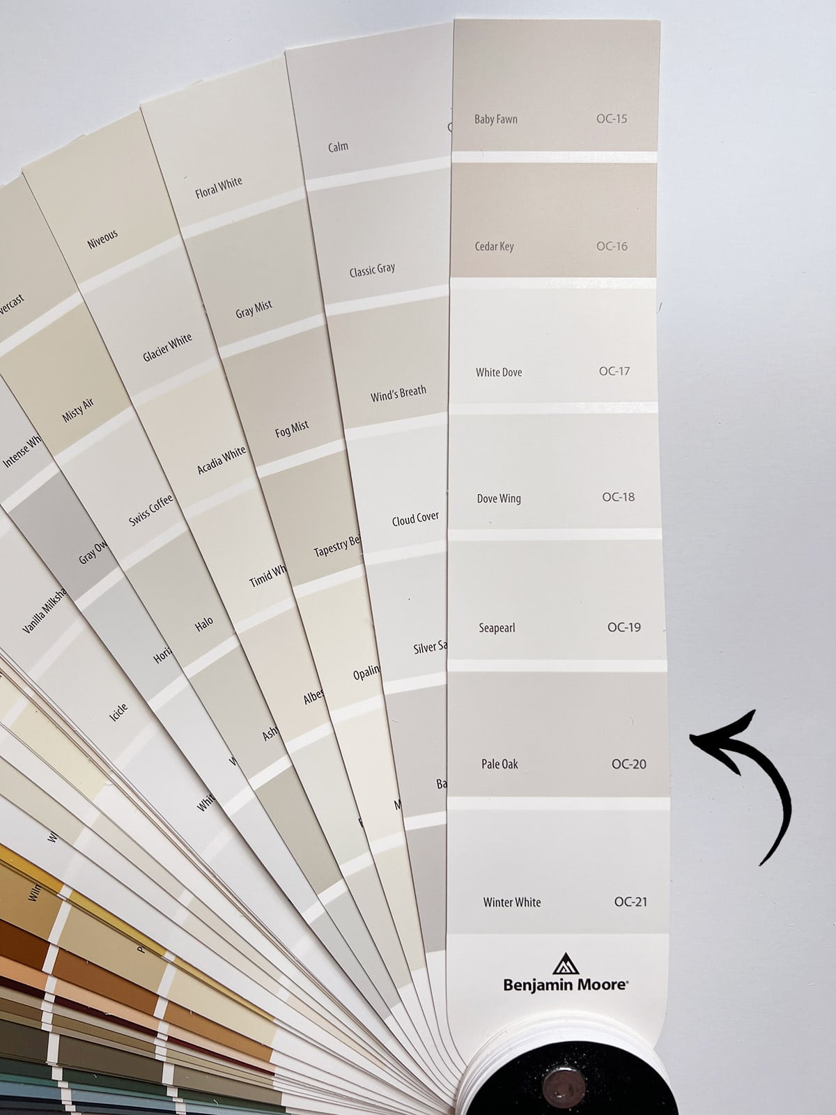 Benjamin moore pale oak swatch on a fan deck