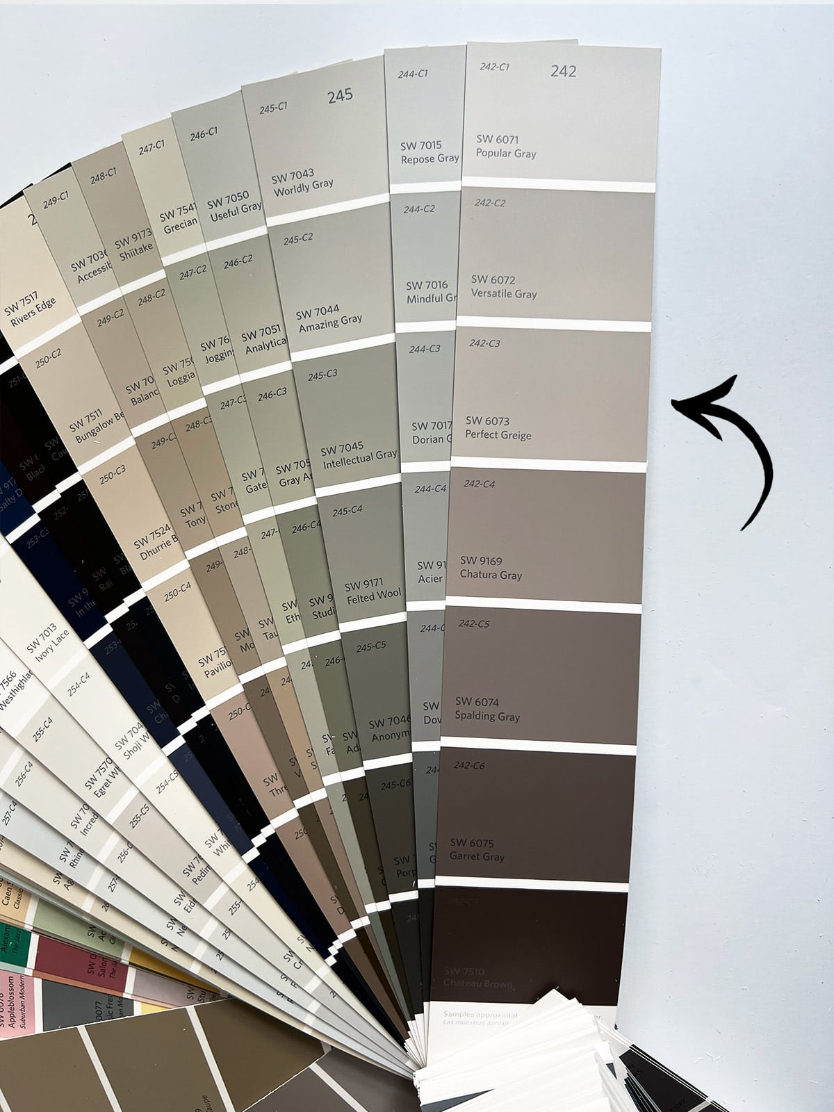 sherwin williams perfect greige color swatch fan deck