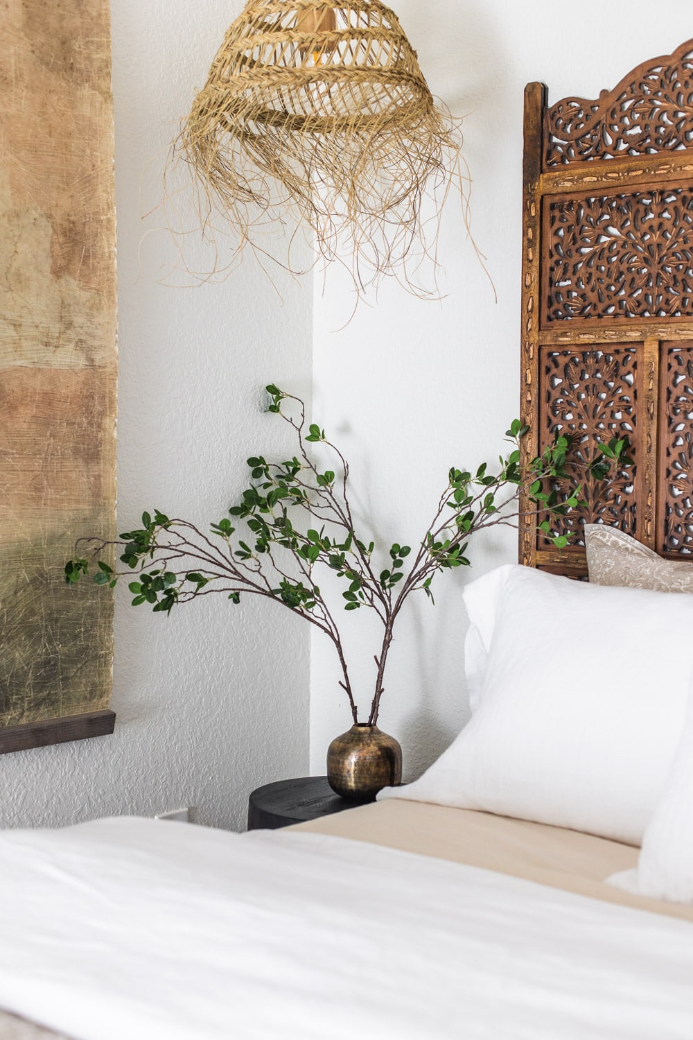 faux eucalyptus stems on night stand