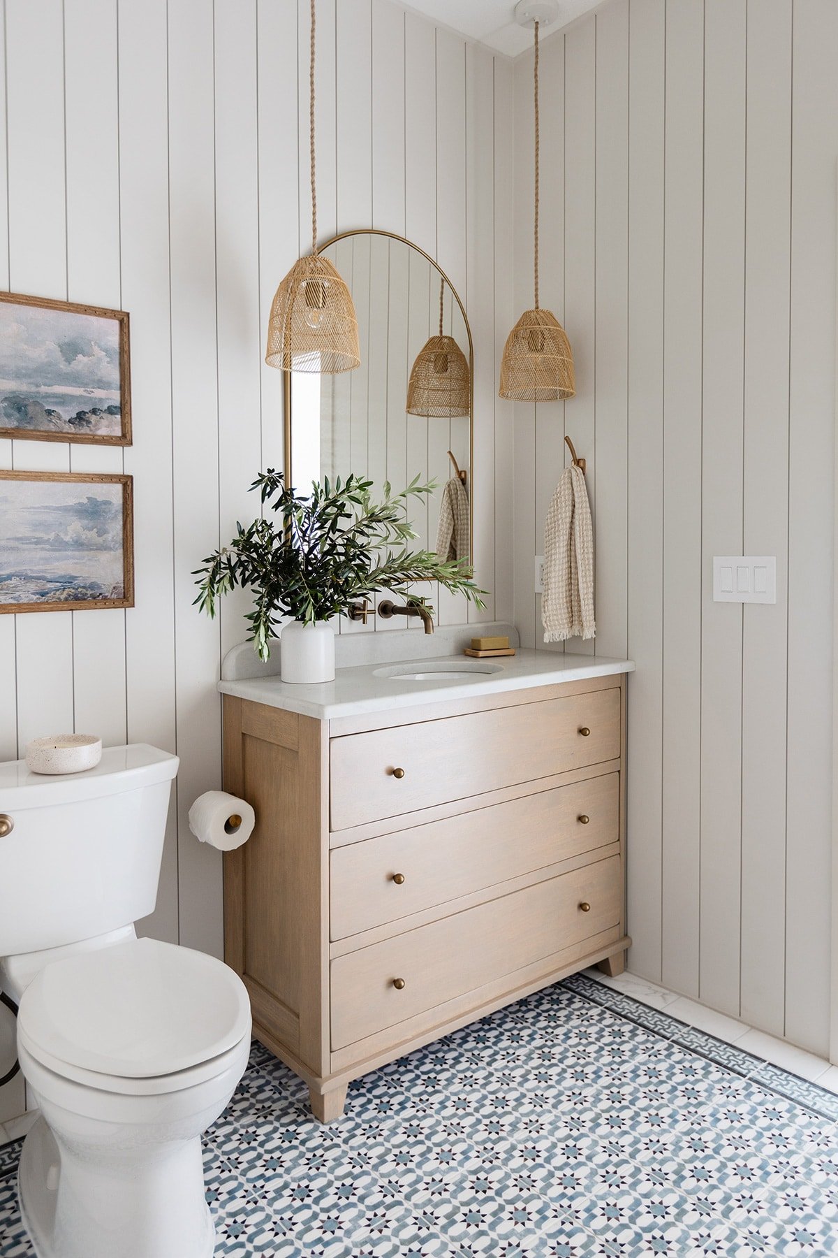 bathroom with sherwin williams egret white shiplap walls and wood vanity