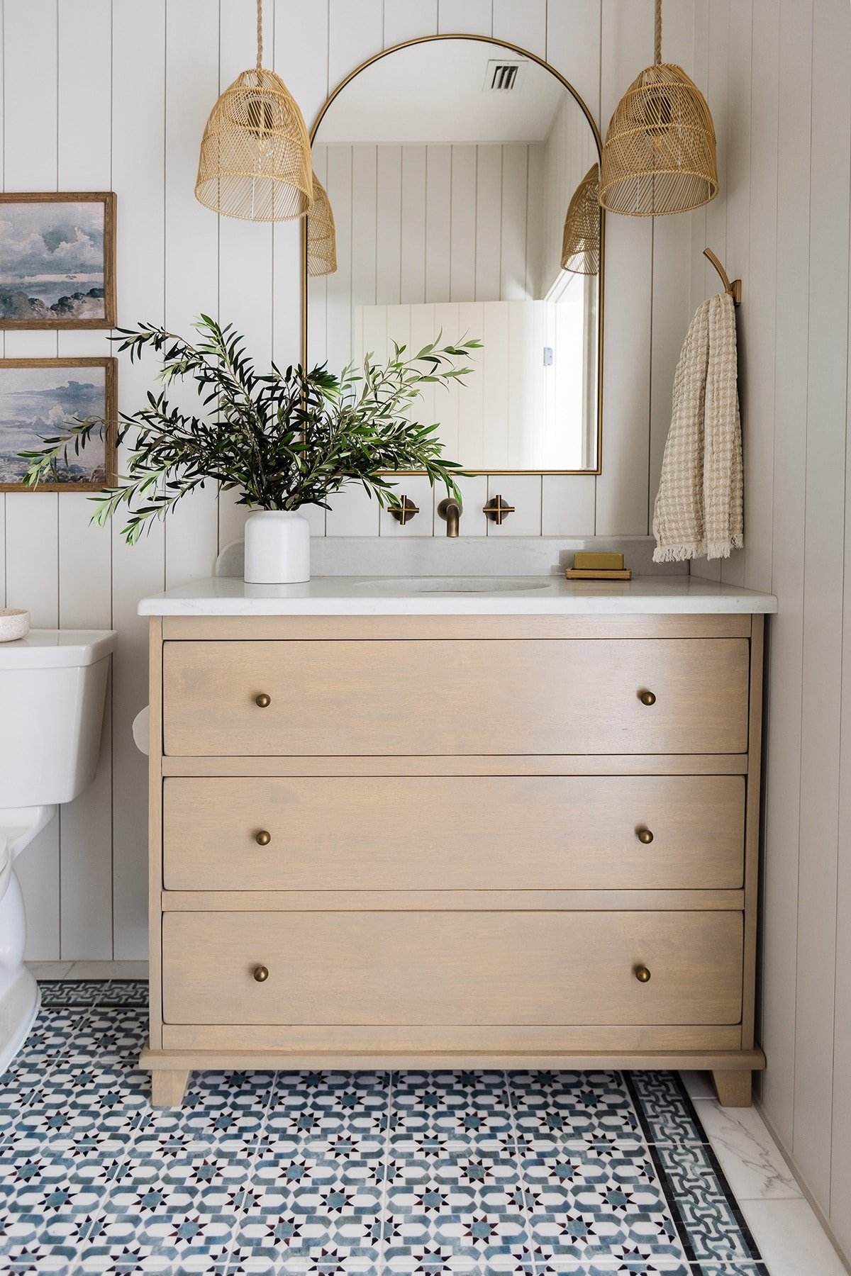 bathroom with sherwin williams egret white shiplap walls and wood dresser vanity
