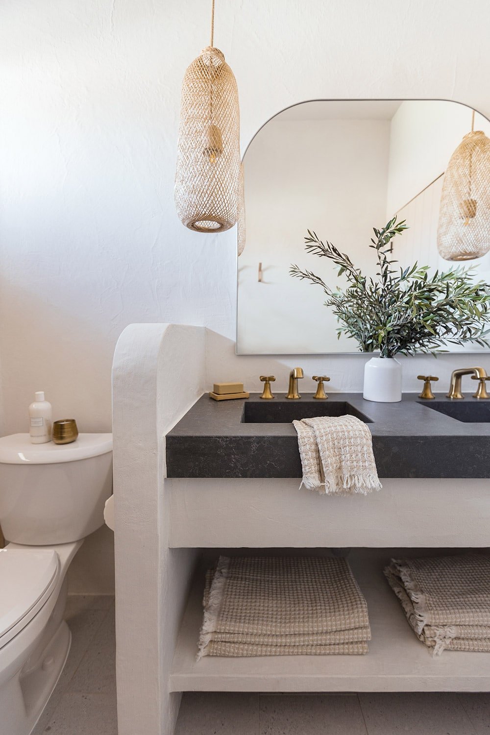 diy microcement vanity with gray quartz counter