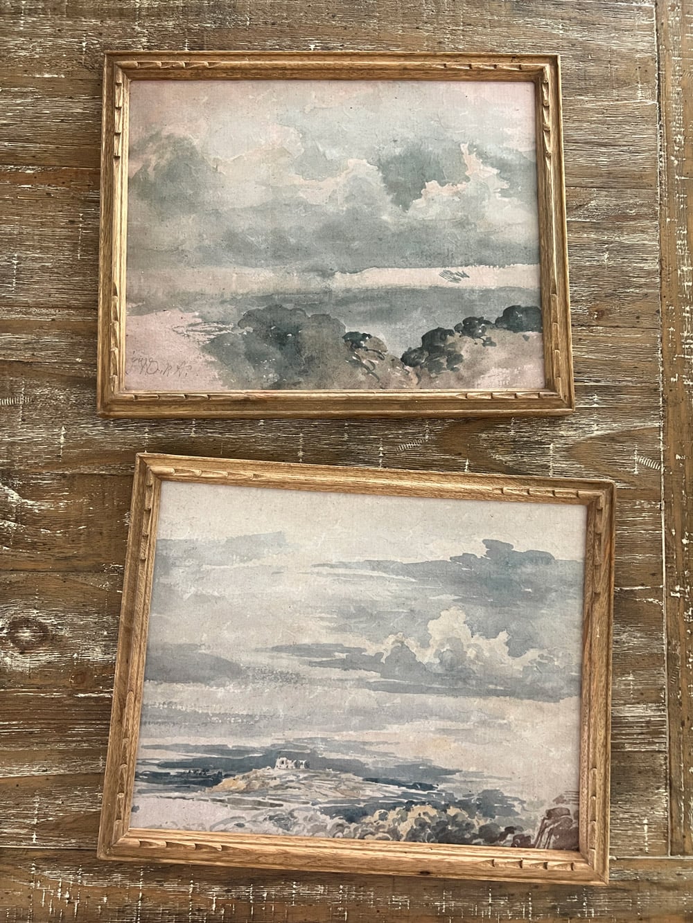 vintage watercolor art in wood frames