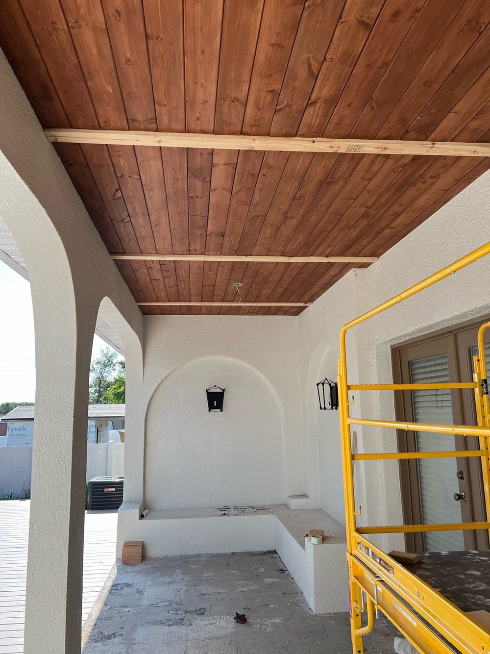 diy wood beam and plank porch ceiling valspar potato skin