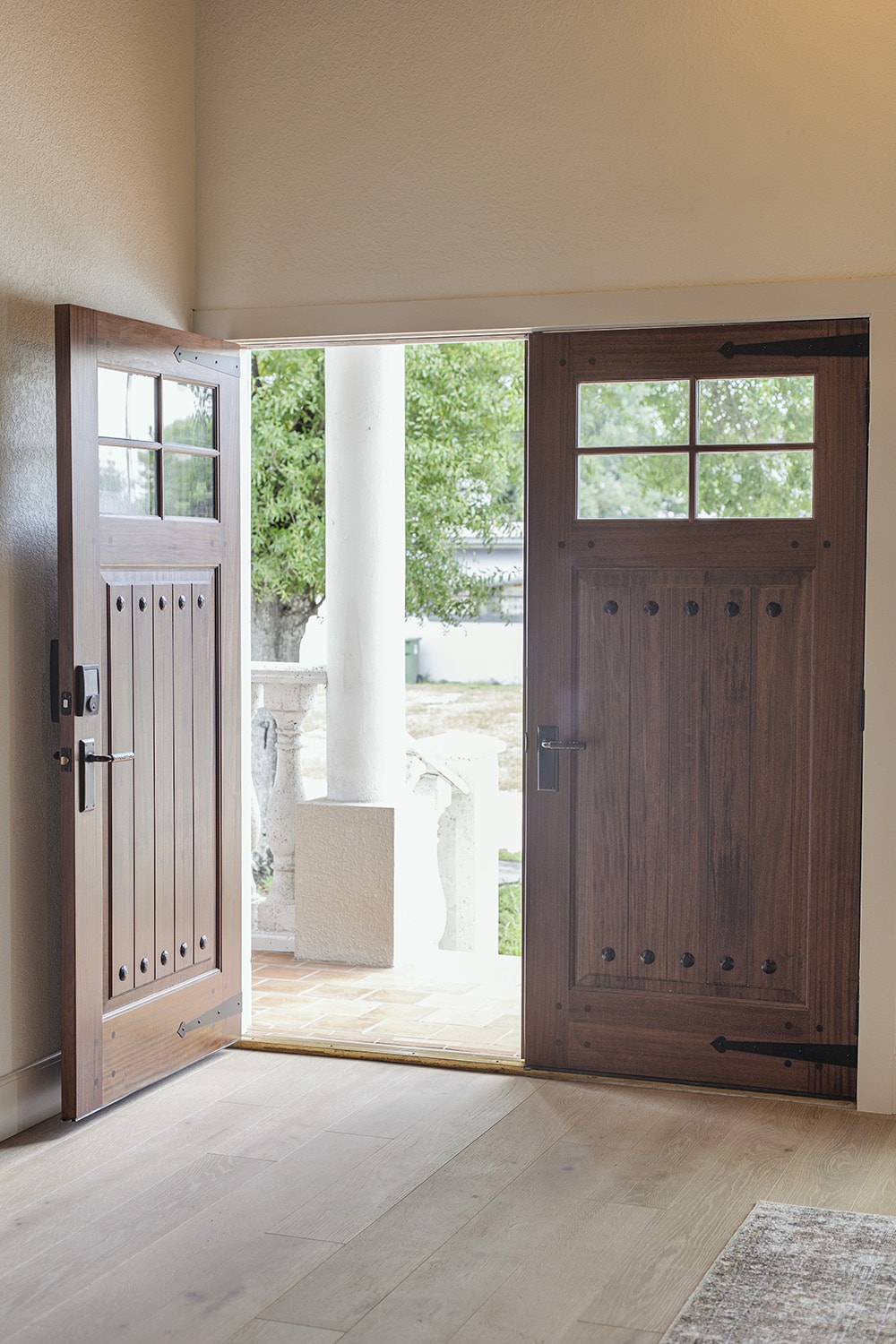 rustic dark wood double door entrance