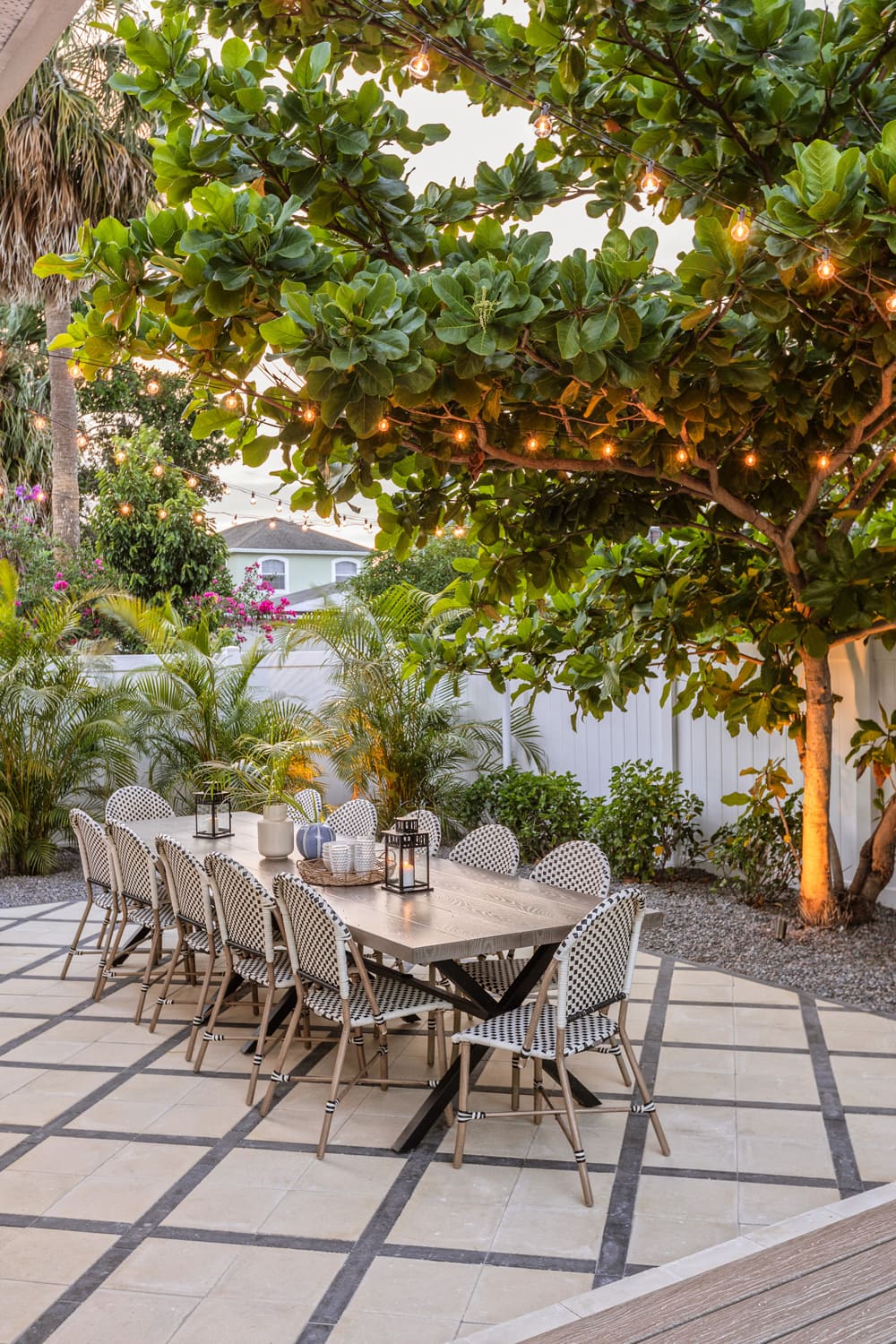 paver patio with almond tree and dining area