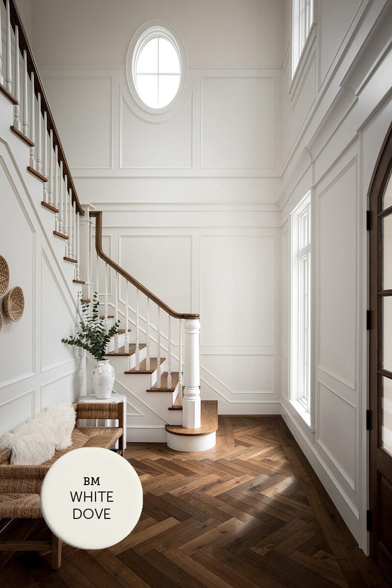 benjamin moore white dove entryway, molding and staircase