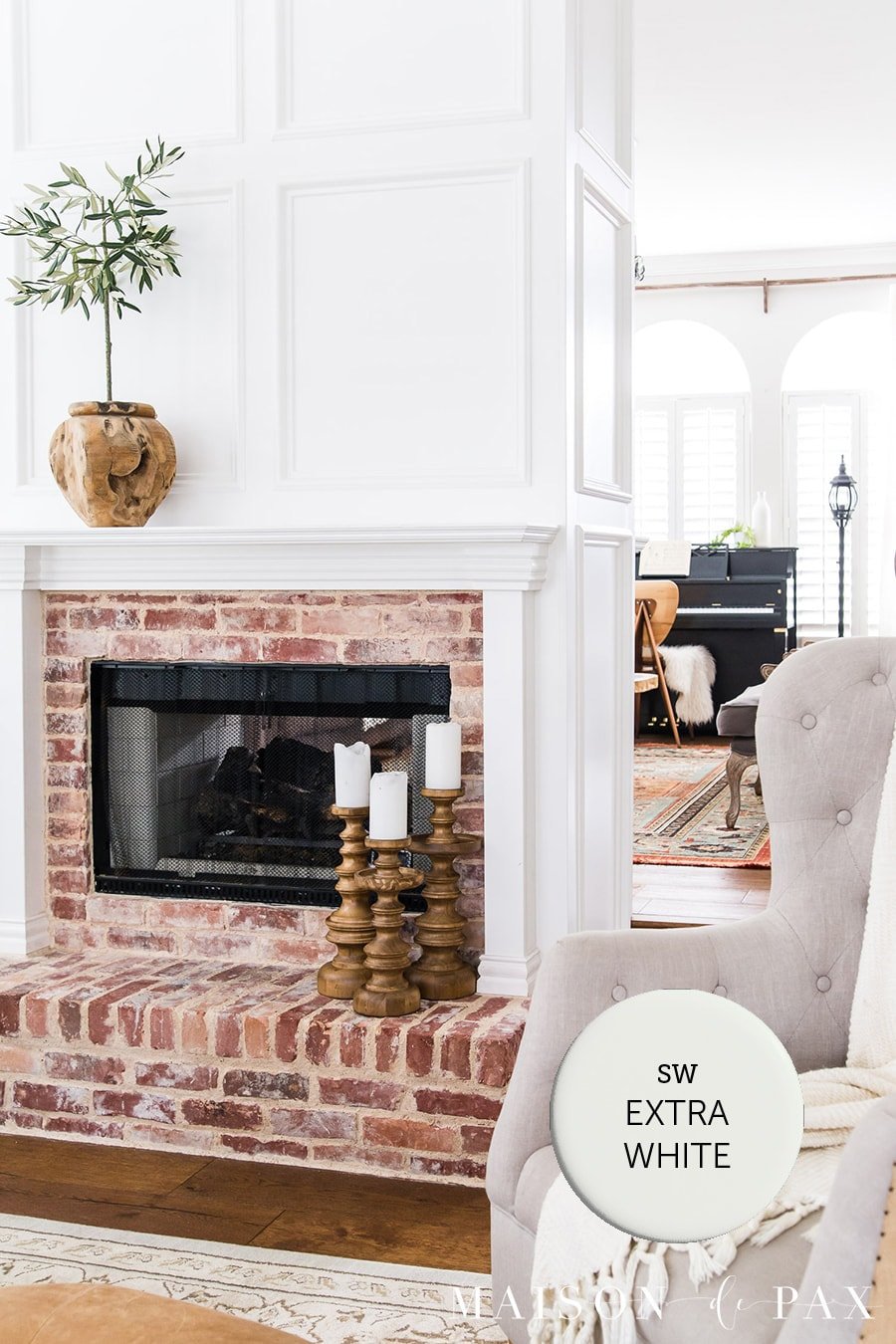 sherwin williams extra white living room and fireplace