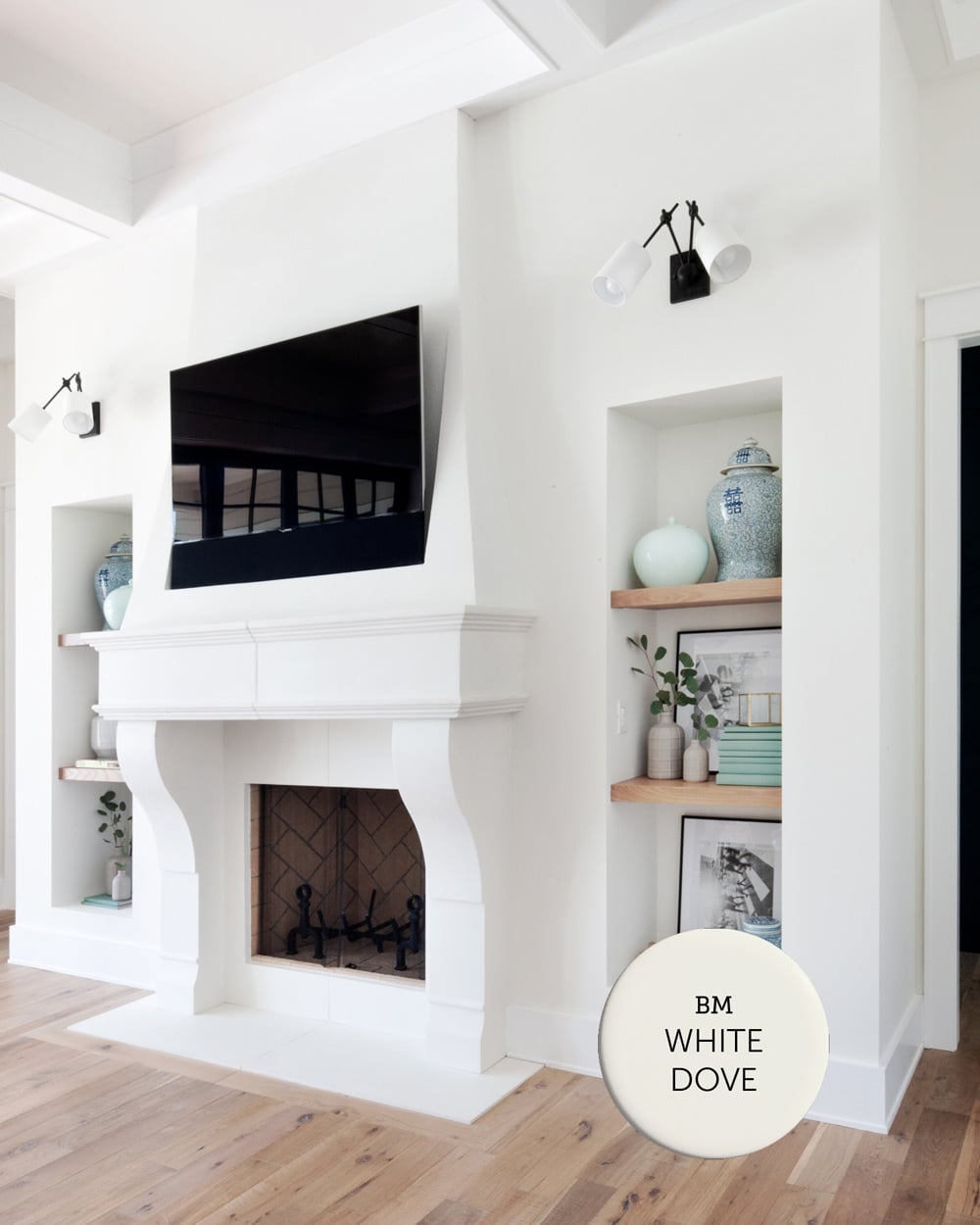 benjamin moore white dove living room fireplace